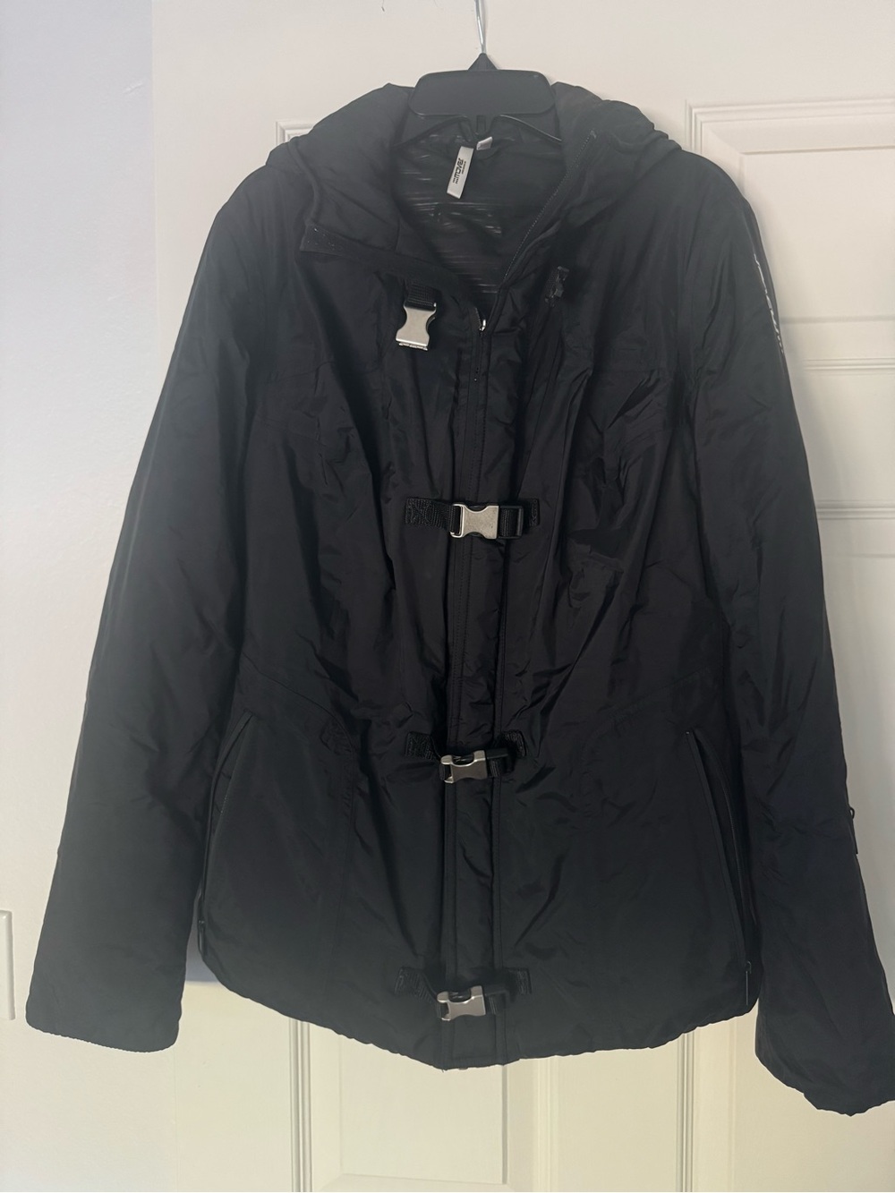 Women's Black Hooded Puffer Jacket with Buckle Closures